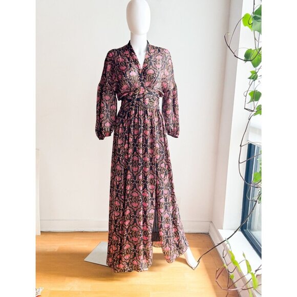 Zara Dark Florals Wrap Long Sleeve Chiffon Maxi Dress S - Picture 4 of 9